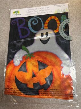NWT Evergreen Halloween Garden Flag - White Ghost with Orange Pumpkin 12X18”*